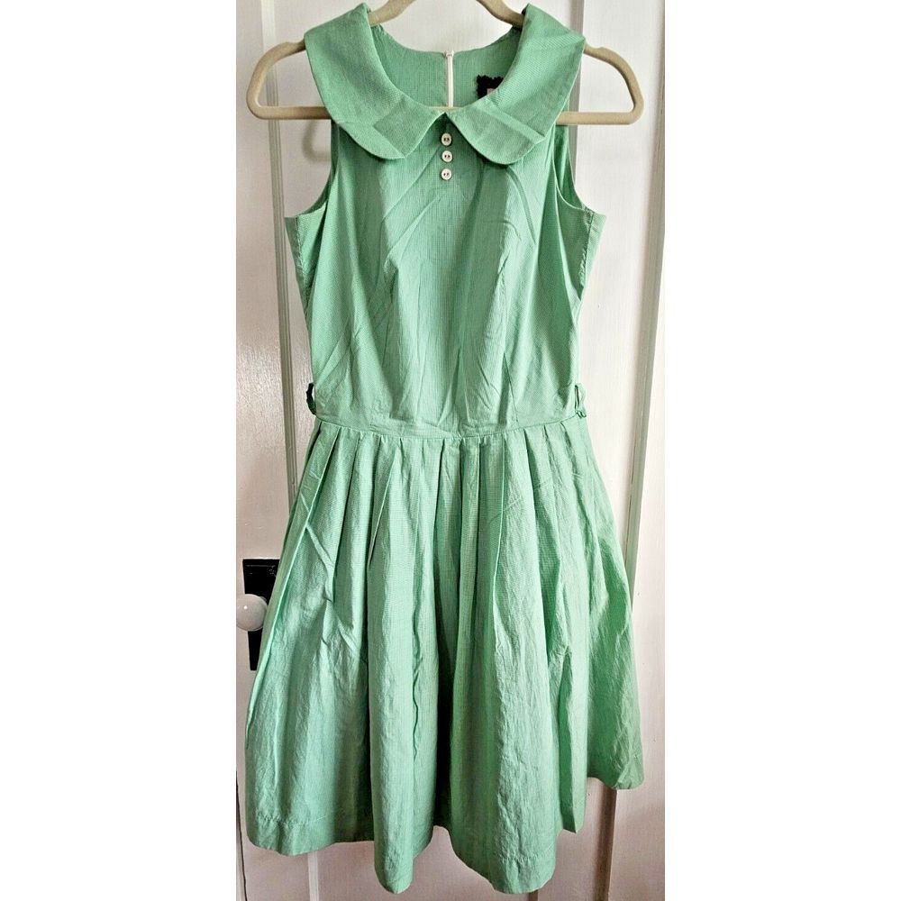 KITTEN D'AMOUR green plaid gingham collar sleevles tulle cotton blend dress Sz10